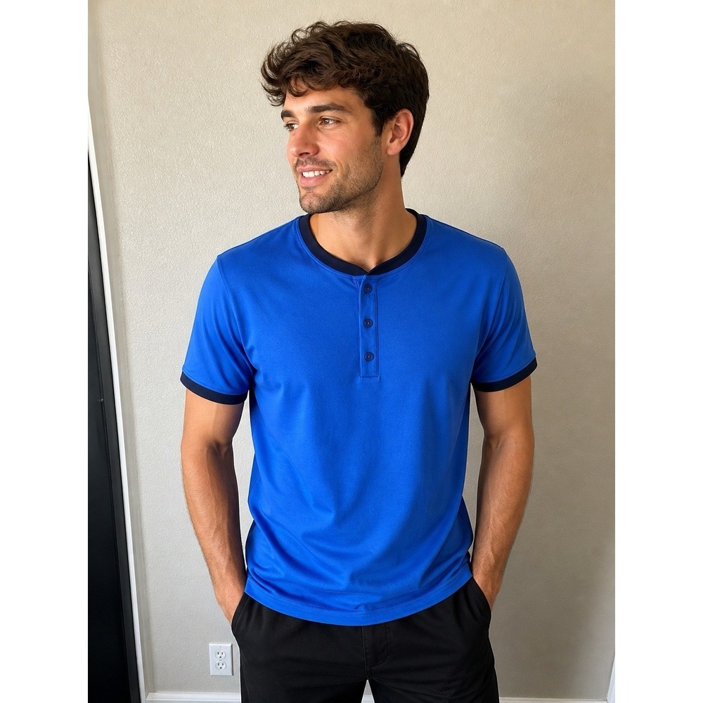 Rhone Mens Large Blue Henley Golf Shirt Performance Stretch Athletic Active